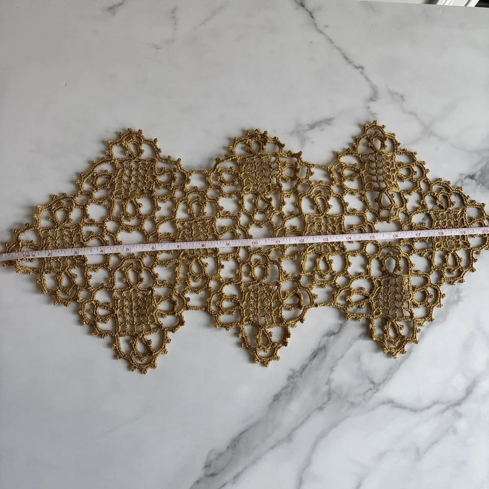 VTG‎ Gold Metallic Crochet Lace Table Runner Joined Motif Handmade Dresser Scarf